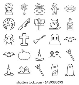 The halloween set of icons - owl on the branch, ghost, bone, candle, voodoo doll, sweets in the pumpkin, old cauldron