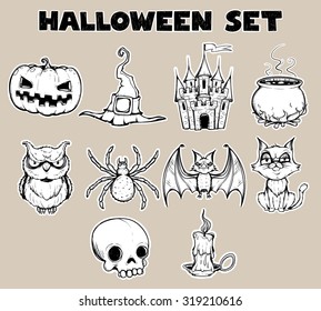 Halloween set icons. Sketch style. Black and white