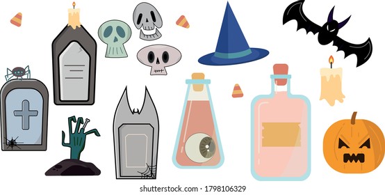 Halloween set of icons skuuls graveyard bat pumpkin spooky set