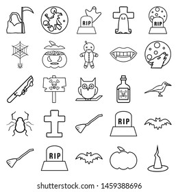 The halloween set of icons - spider, sign with a skull, old cauldron, bone, tombstone, broom witch, tombstones