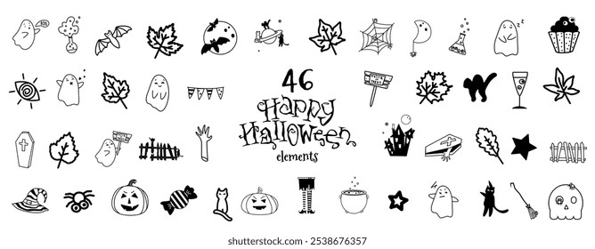 Conjunto de iconos de Halloween. colección de Vector de 46 Elementos doodle negros. El fondo blanco. Feliz Halloween, 31 de octubre. 