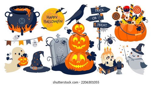 Halloween set illustrated vector elements  Pumpkin  witch's cauldron  candy  raven  ghosts  pointer 