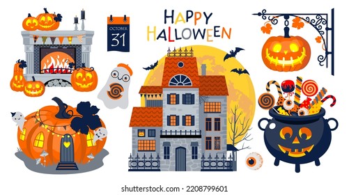 Halloween set of illustrated vector elements. Haunted castle, pumpkin, lantern, cauldron, candy, ghosts, fireplace.