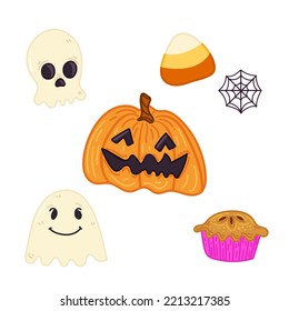 Halloween set of illustrated vector elements. Pumpkin, pie, candy, ghosts, scull.