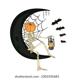 Halloween set of illustrated vector elements. Pumpkin, Moon, candy web, flying bags, dice.