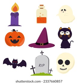 Halloween set of illustrated vector elements. Pumpkin, witch's hat, cat, bat, ghosts, skull, tomb, magic potion, candle.