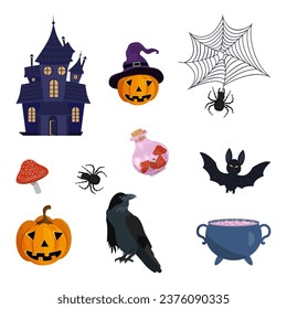 Halloween set of illustrated vector elements. Pumpkin, witch's cauldron, raven, spider, fly agaric Dracula's castle.