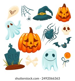 Halloween set of illustrated vector elements. Pumpkin, witch's cauldron, eye, bat, ghosts, and skull in simple vector style, isolated on a white background. Autumn holiday atmosphere