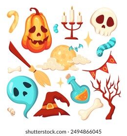 Conjunto de Halloween de Elementos de Vector ilustrados. Calabaza, escoba de bruja, árbol, murciélago, fantasma y cráneo y huesos cruzados en estilo simple de Vector aislado sobre fondo blanco. El ambiente de unas vacaciones de otoño