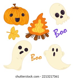 Halloween set of illustrated vector elements.Bonfire,boo,skull and bones,pumpkin,ghost.