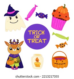 Halloween set of illustrated vector elements.Halloween candies,pumpkin cupcakes,deer character in witch costume,candle,ghost.Halloween, trick or treat.