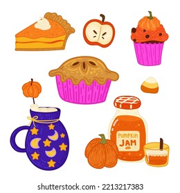 Halloween set of illustrated vector elements.Pie, pumpkin jam,halloween drink,candy,apple,autumn cupcake.