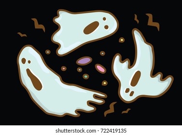 Halloween set of illustration of a ghosts and bats on black background