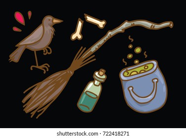 Halloween set of illustration of a raven, bone, broom, bottle and cauldron on black background