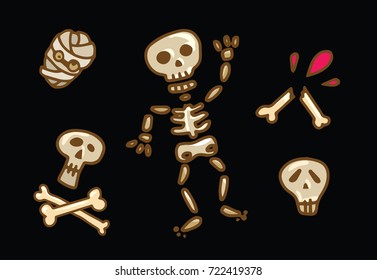 Halloween set of illustration of skeleton with bones on black background