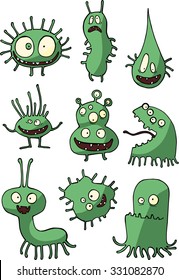 Halloween set of illustrations of different green monsters, bacteria, germs, aliens and ghosts