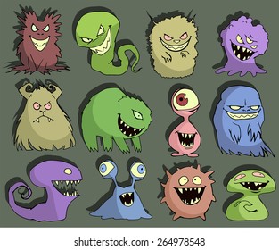 Halloween set of illustrations of different isolated colorful monsters, bacteria, germs, aliens, devils and ghosts