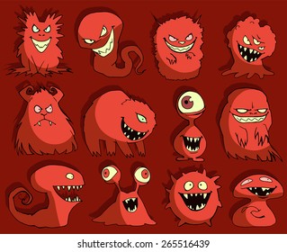 Halloween set of illustrations of different isolated red monsters, bacteria, germs, aliens, devils and ghosts