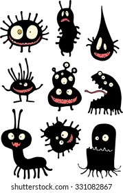 Halloween set of illustrations of different monsters, bacteria, germs, aliens and ghosts in black silhouette