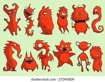 Halloween set of illustrations of different red monsters, bacteria, dragons, germs, aliens, devils and ghosts in black silhouette 