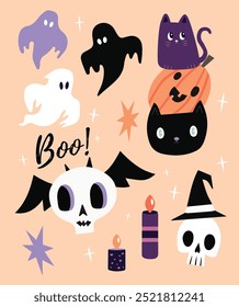 halloween set illustrations pumpkin skull ghoost boo candle