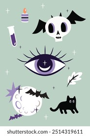 halloween set illustrations skull black cat fall art