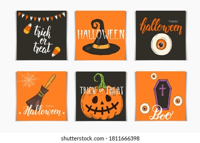 Halloween set of invitation cards with hand drawn icons and lettering. Pumpkin Jack, witch hat, broom, hat, sweets, candy roots, coffin, pot with potion in sketch style.