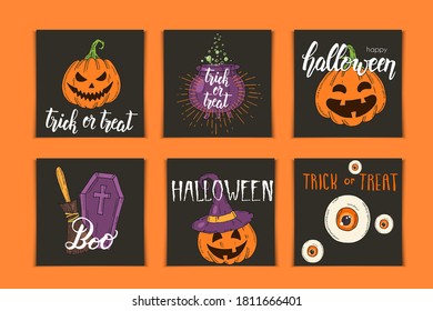 Halloween set of invitation cards with hand drawn icons and lettering. Pumpkin Jack, witch hat, broom, hat, sweets, candy roots, coffin, pot with potion in sketch style.