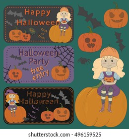 Halloween set of invitations and greetings / bats, spiders, Halloween characters