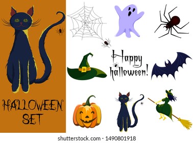 Halloween set with isolated cat, bat, ghost, witch, hat, pumpkin, spider and spider web