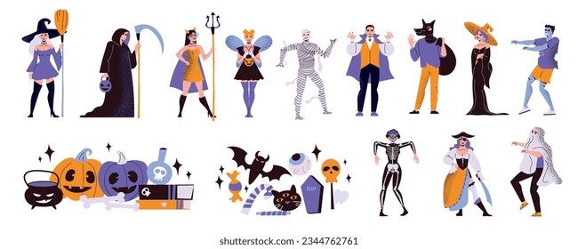 Halloween set with isolated compositions of various festive accessories pumpkins and human characters wearing scary costumes vector illustration