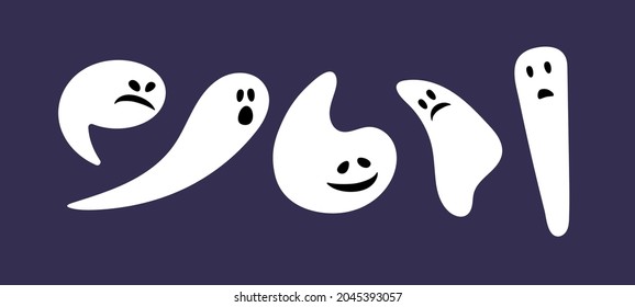 Halloween set. Isolated flat cartoon vector illustrations. Ghosts with different emotions. Spooky boo characters. Set of icons isolated on dark blue background. For poster, greeting card, party decor