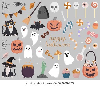 Halloween set isolated on grey  background. Perfect for holiday decoration, stickers.  Vector collection of Halloween theme elements.