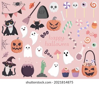 Halloween set isolated on pink background. Perfect for holiday decoration, stickers.  Vector collection of Halloween theme elements.