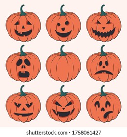 Halloween set of isolated pumpkins. Vector illustration
