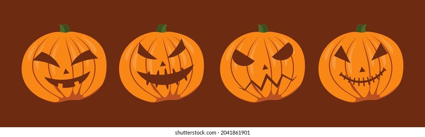 Halloween set of isolated pumpkins. Vector illustration. Orange pumpkin with smile for your design for the holiday Halloween. Vector illustration