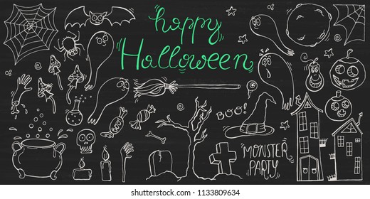 Halloween set, isolated vector illustration. Chalk on a blackboard. 