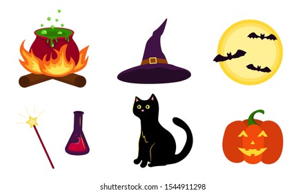 Halloween set isolated: witch's hat, magic wand, jack's head, potion, cauldron with potion, black cat, bats, moon. Decoration. Vector illustration.