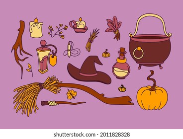 
Halloween set of items for a real witch for the holiday. Broom, hat, 
pumpkin, cauldron, twigs, potions and candles. Cartoon, flat style.