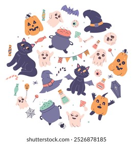Halloween set of items.Halloween poster.Witchcraft, a black cat, a witch hat, a potion and a cauldron.Set of scary items celebrating Halloween.A greeting card, an invitation to a party, a poster. 