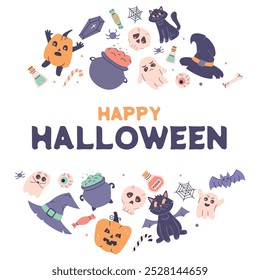 Halloween set of items.Halloween poster.Witchcraft, a black cat, a witch hat, a potion and a cauldron.Set of scary items celebrating Halloween.A greeting card, an invitation to a party, a poster.