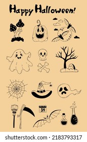 Halloween set. Jack pumpkin, ghost, bat and web, grave, skull, meter and scythe, potion, and magical fly agaric. Vector linear hand drawn doodle. Isolated elements for decor, design and decoration