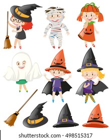 Halloween set with kids in costumes illustration