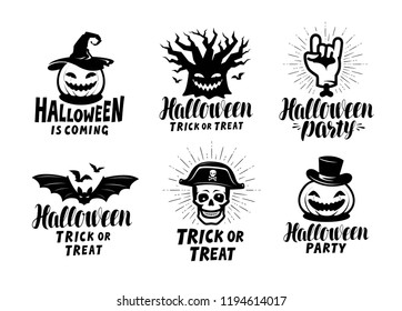 Halloween, set of labels or icons. Holiday symbol. Lettering vector illustration