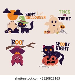 Halloween set with lettering. Cat, ghost, bat