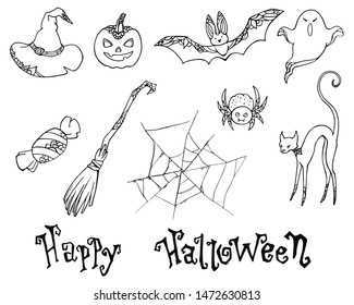 Halloween set. Lettering Happy Halloween. Black and white doodle linear sketch. Vector illustration on white background. Hand drawing cartoon image.