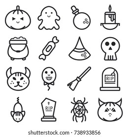 Halloween set of line simple icons including pumpkin, ghost, poison into flask, candle, cauldron, candy, hat, skull, cat face, balloon, broom, gravestone, mouse, spider and devil emoji.