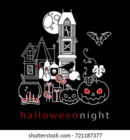 Halloween. Set of linear isolated icons. Pumpkin, gifts, candy, old house, bat, skull, magic potion, cauldron, moon, crow. Vector illustration.