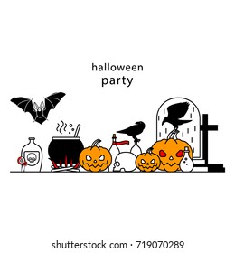 Halloween. Set of linear vector icons. Festive pumpkin, cauldron, crows, bat, bottles, skull, headstone, sweets.