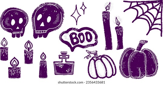 Halloween set in linocut style. Graphic arts. Vector element for design, set, collection.